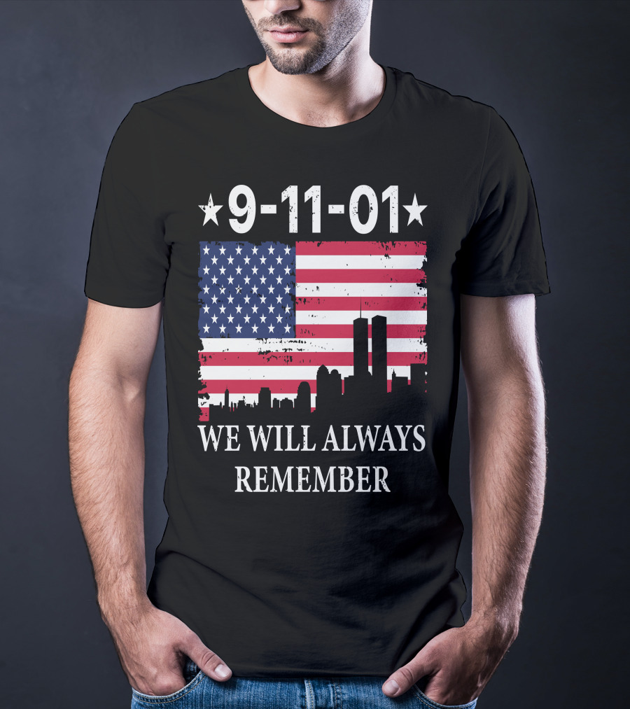 9-11-01 We Will Always Remember Twin Towers American Flag Skyline T-Shirt