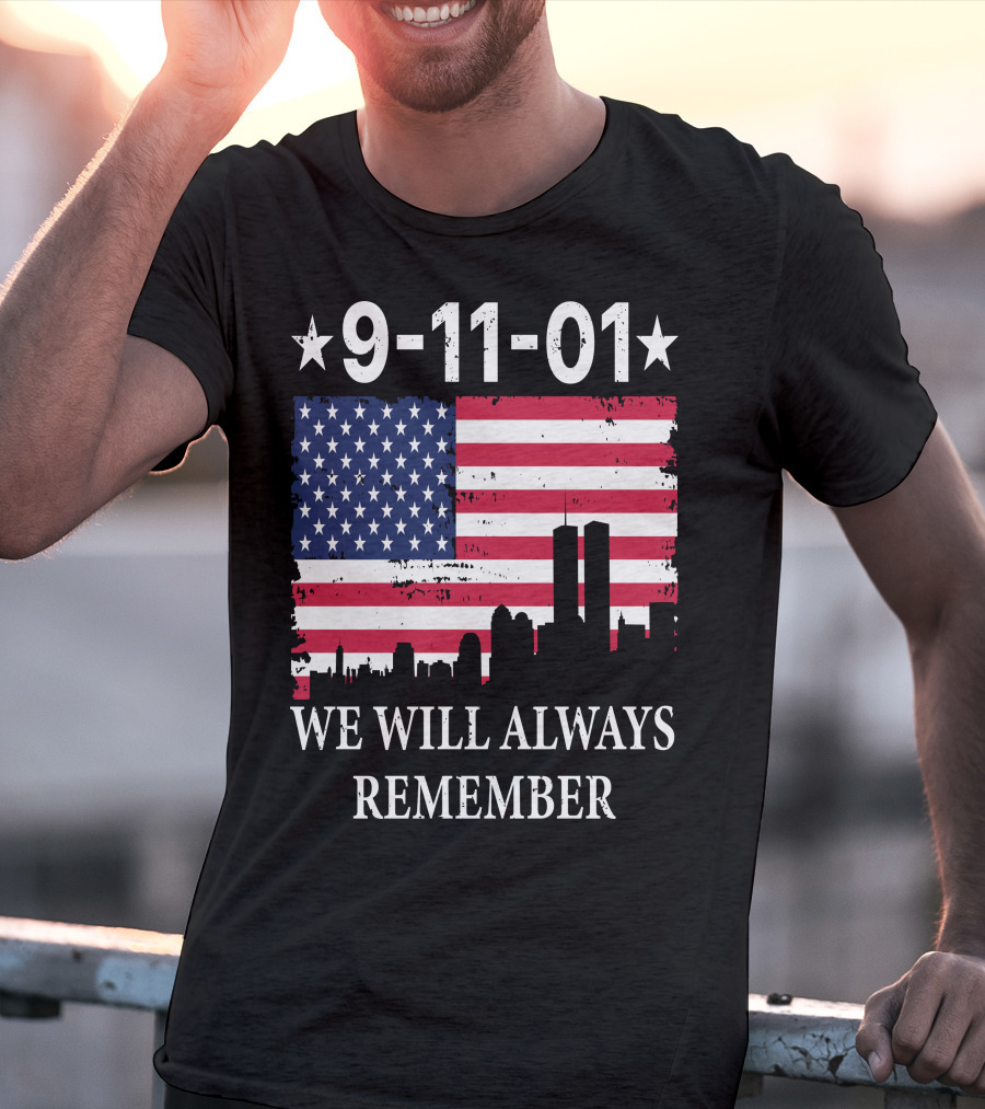 9-11-01 We Will Always Remember Twin Towers American Flag Skyline T-Shirt