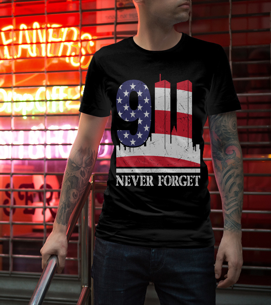 9 11 Never Forget Twin Towers American Flag T-Shirt