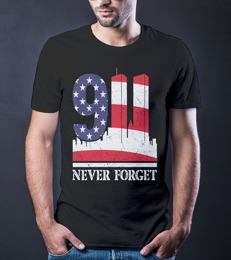 9 11 Never Forget Twin Towers American Flag T-Shirt