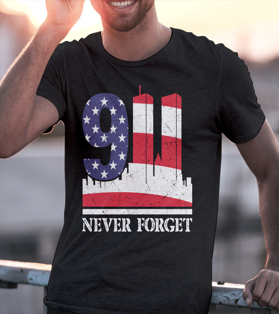 9 11 Never Forget Twin Towers American Flag T-Shirt