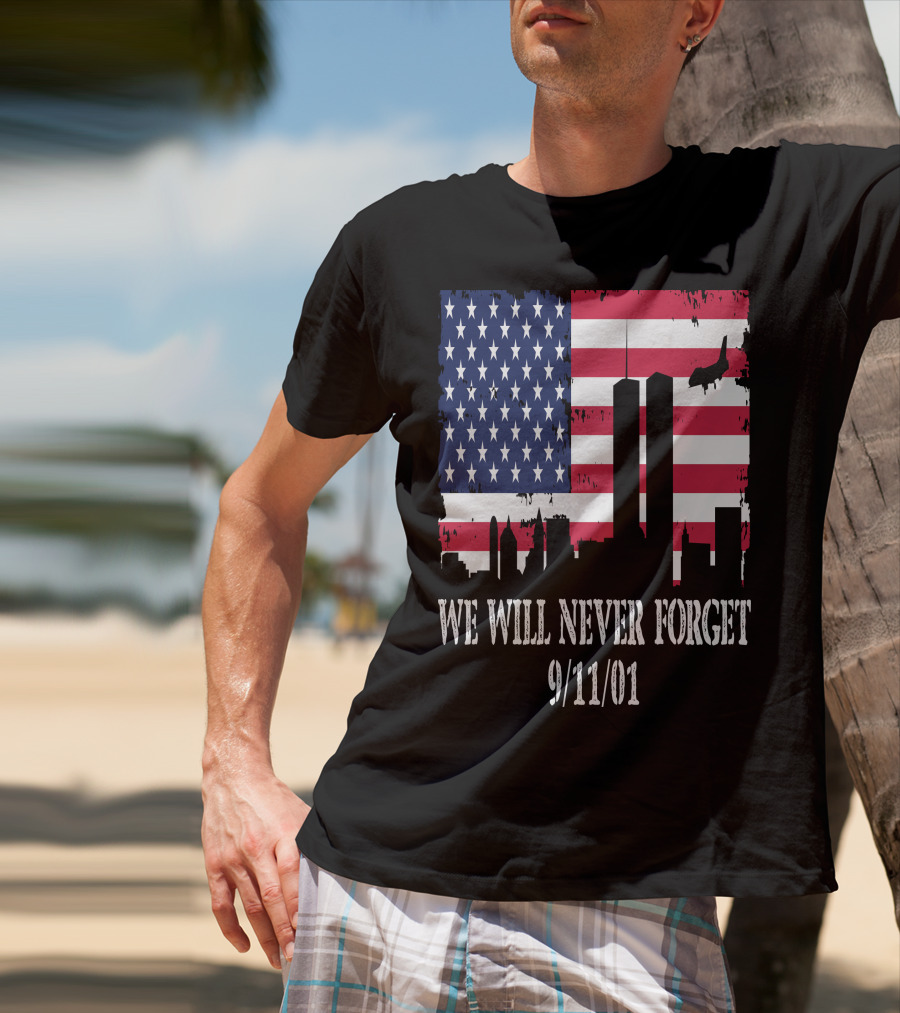 We Will Never Forget 9/11/01 American Flag Twin Towers T-Shirt