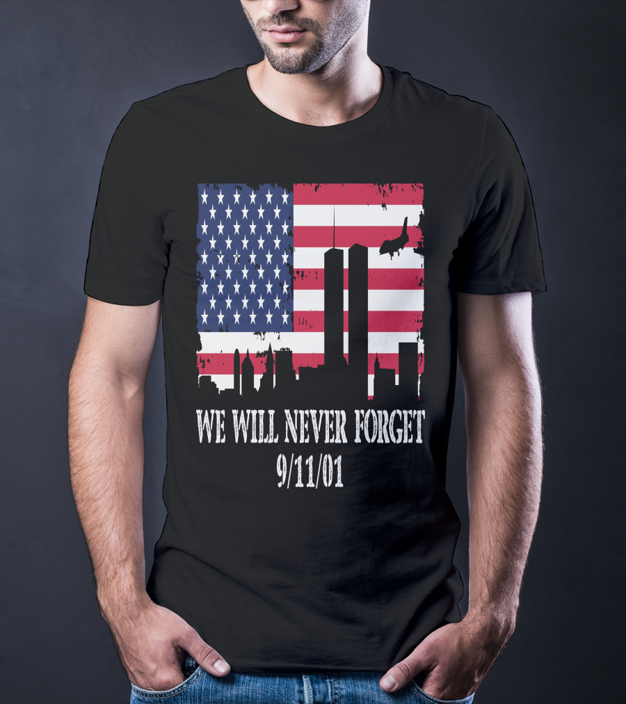 We Will Never Forget 9/11/01 American Flag Twin Towers T-Shirt