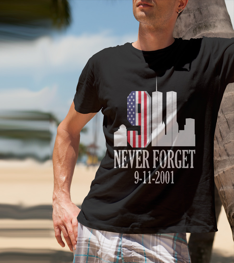 Never Forget 9-11-2001 American Flag Twin Towers Skyline T-Shirt