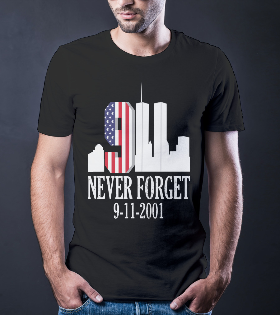 Never Forget 9-11-2001 American Flag Twin Towers Skyline T-Shirt
