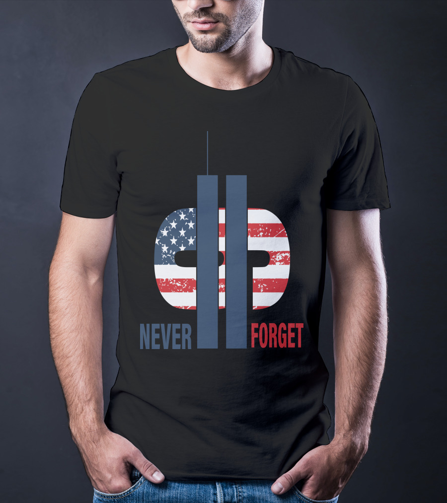Never Forget 9.11 American Flag Tribute With Twin Towers Symbol T-Shirt