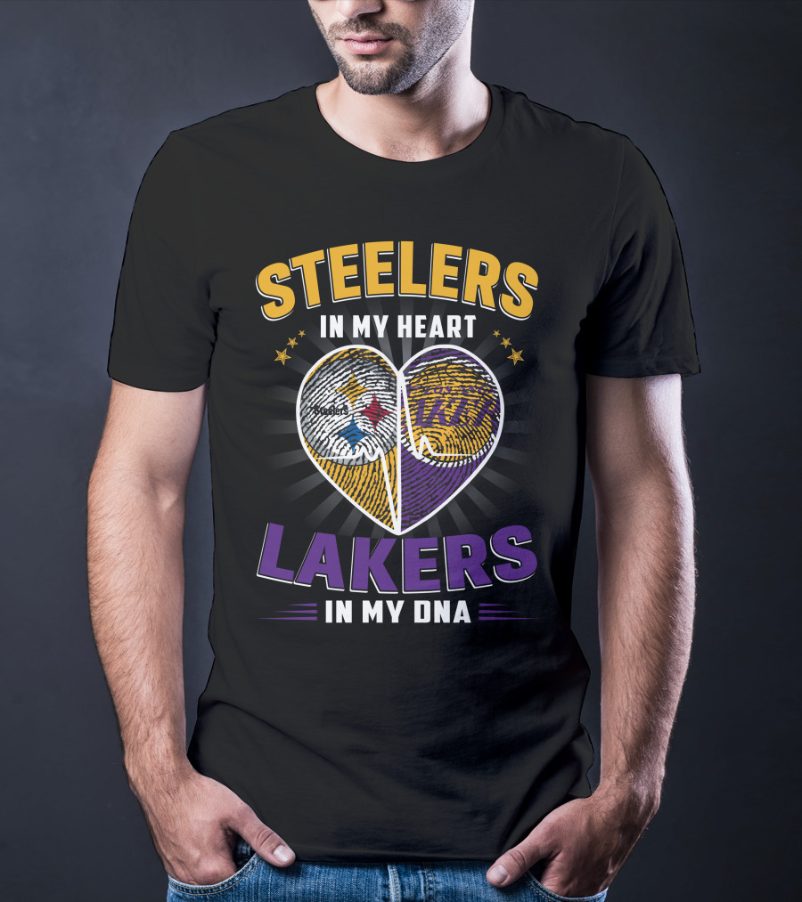 Steelers In My Heart Lakers In My Dna Fingerprint Heart T-Shirt