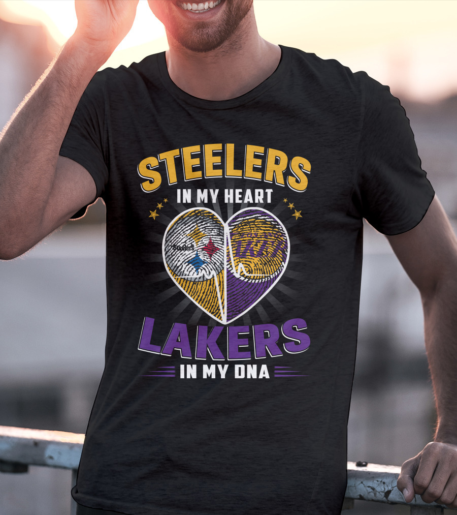 Steelers In My Heart Lakers In My Dna Fingerprint Heart T-Shirt
