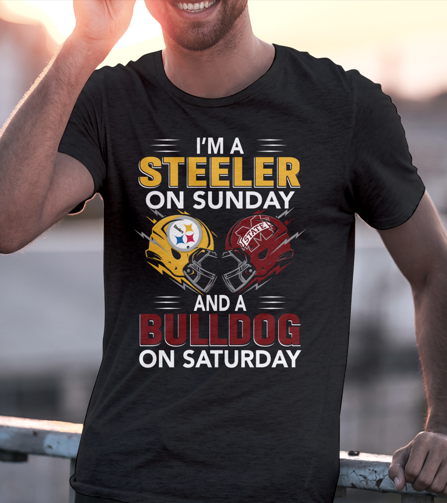 I'm A Steeler On Sunday And A Bulldog On Saturday Football Helmet Design With Team Logos T-Shirt