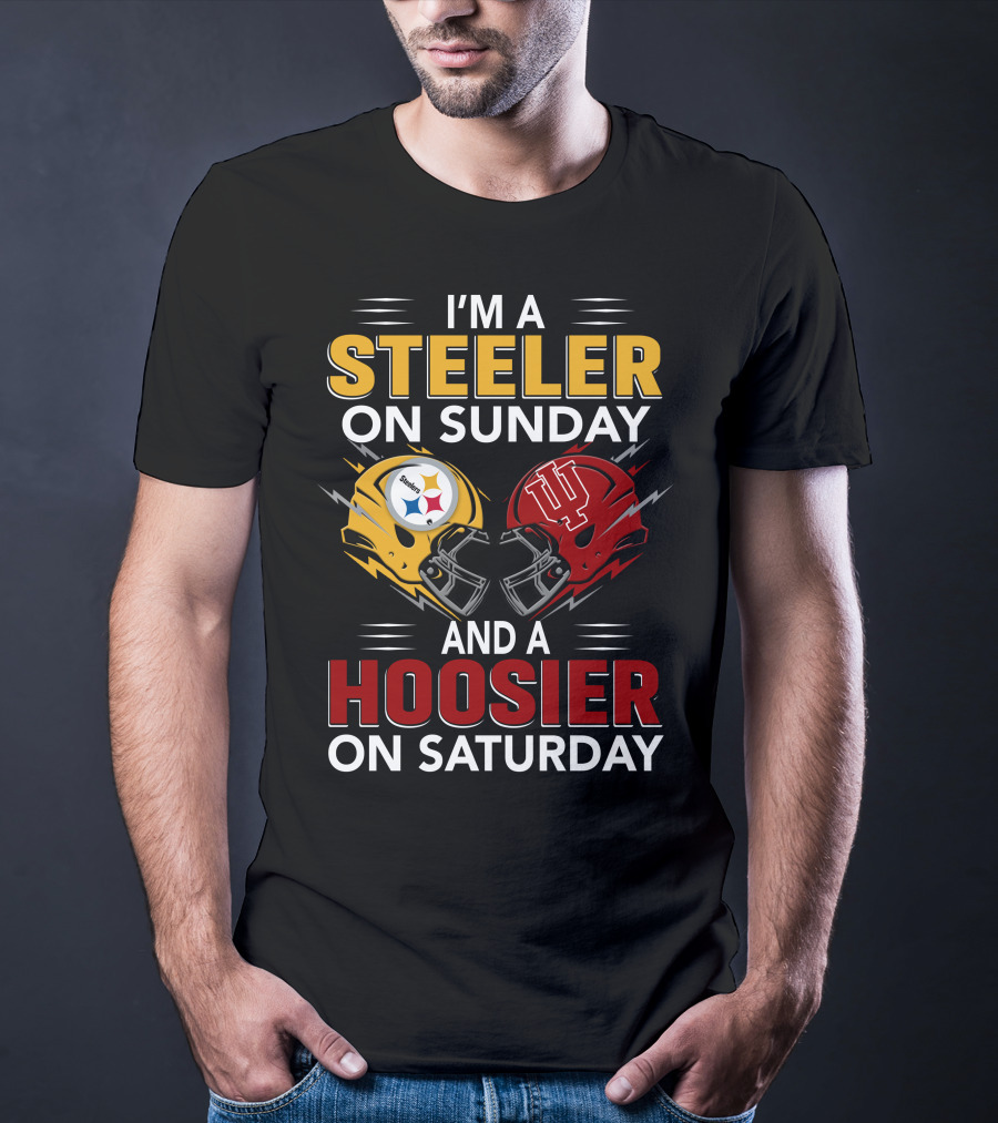 I'm A Steeler On Sunday And A Hoosier On Saturday Football Helmets Collide T-Shirt