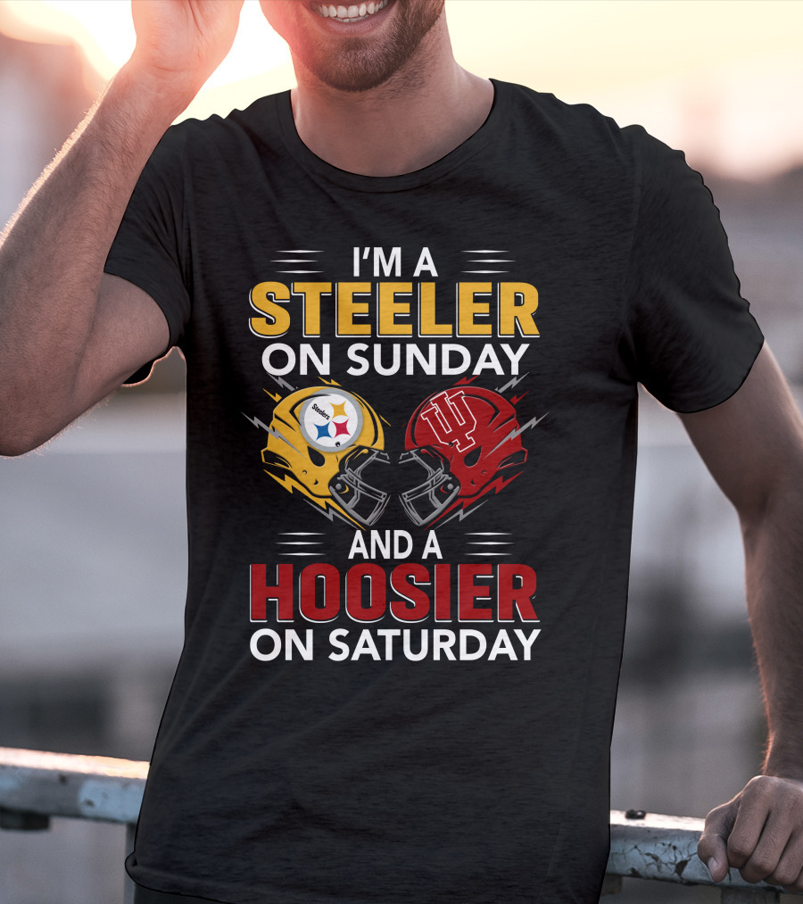 I'm A Steeler On Sunday And A Hoosier On Saturday Football Helmets Collide T-Shirt