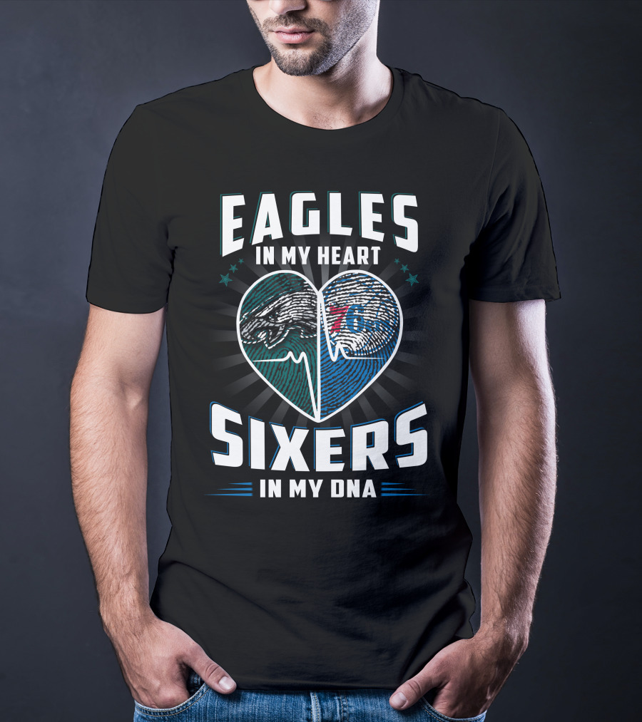 Eagles In My Heart With Sixers In My Dna Fingerprint Heart T-Shirt