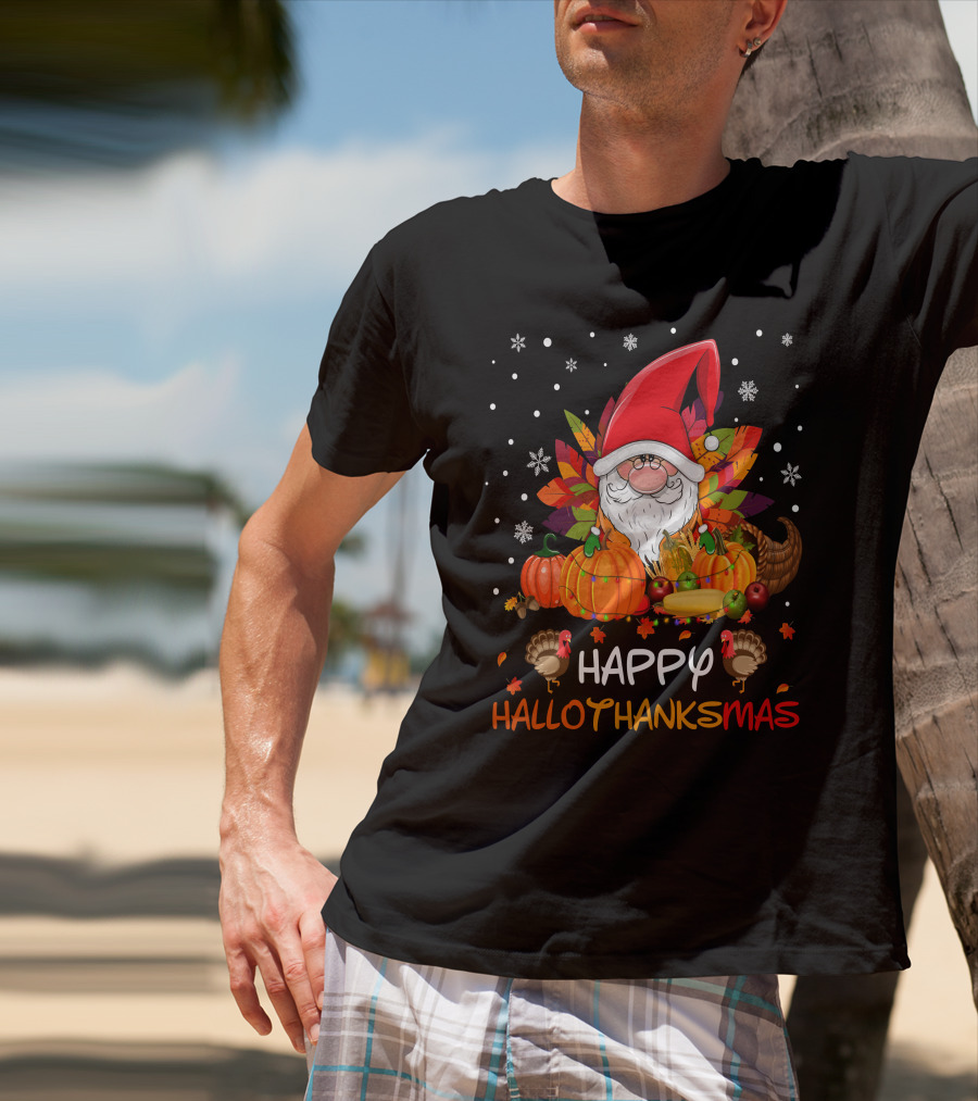 Happy HalloThanksMas Santa Hat Pumpkins Turkeys Cornucopia Snowflakes T-Shirt