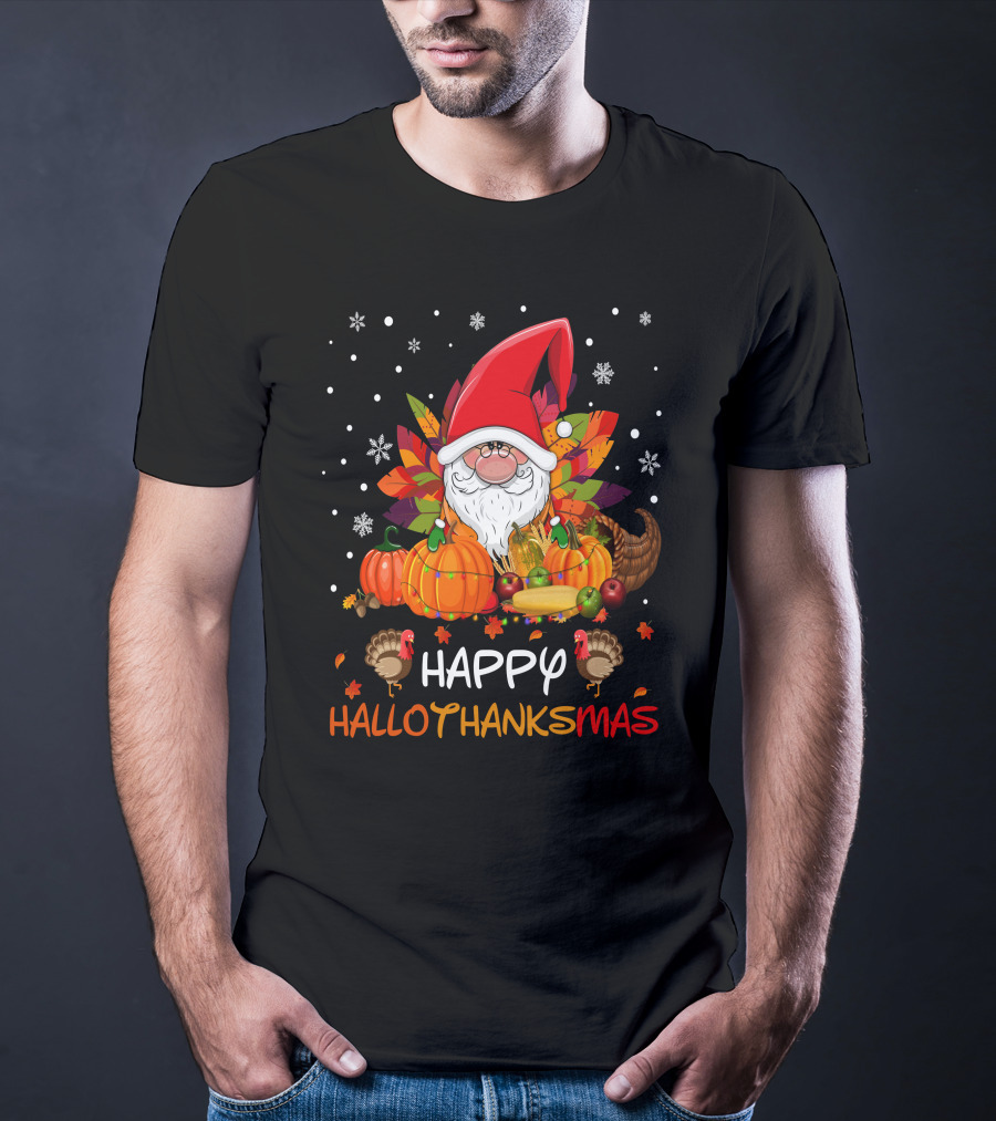 Happy HalloThanksMas Santa Hat Pumpkins Turkeys Cornucopia Snowflakes T-Shirt