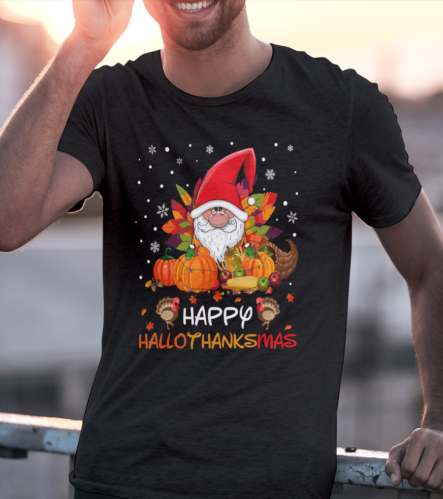 Happy HalloThanksMas Santa Hat Pumpkins Turkeys Cornucopia Snowflakes T-Shirt