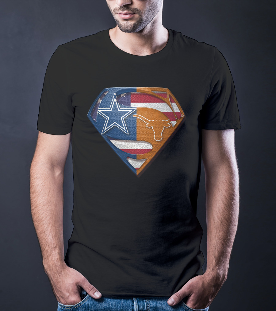 Dallas Cowboys Texas Longhorns Star And Longhorn Superman Shield Flag T-Shirt
