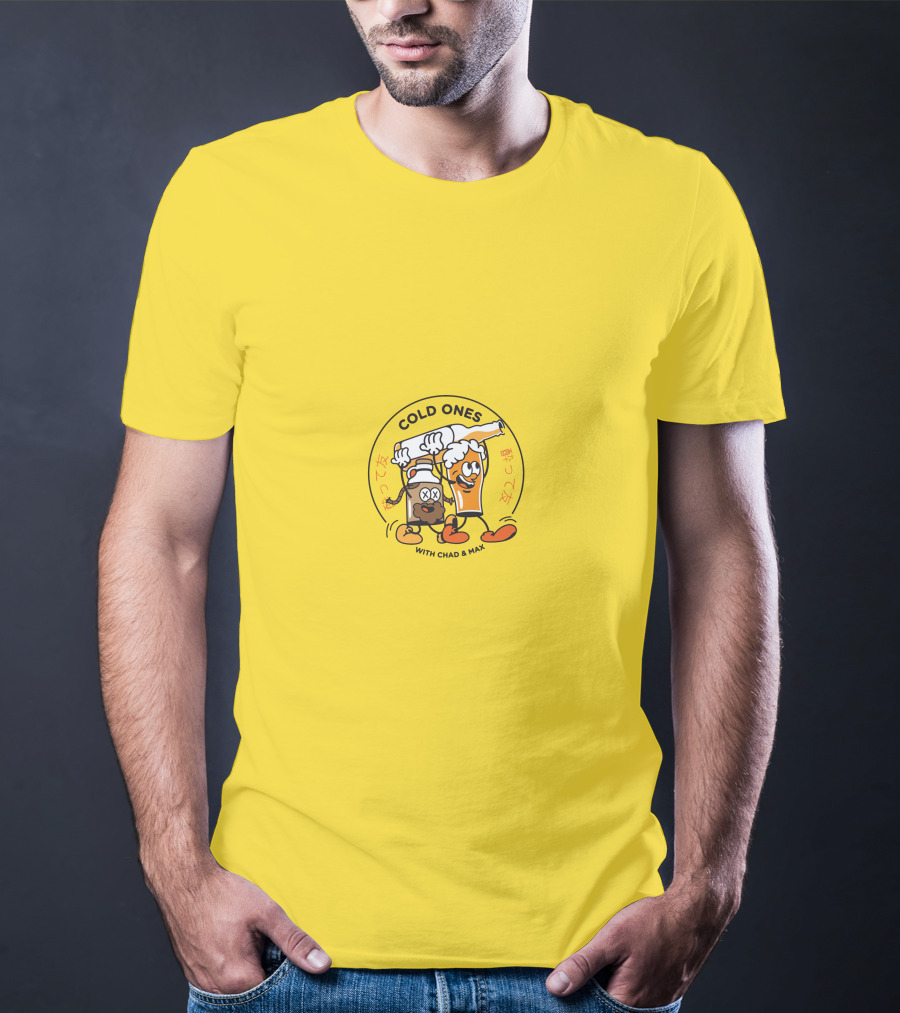 Cold Ones With Chad And Max Cartoon Beers Yellow Background T-Shirt