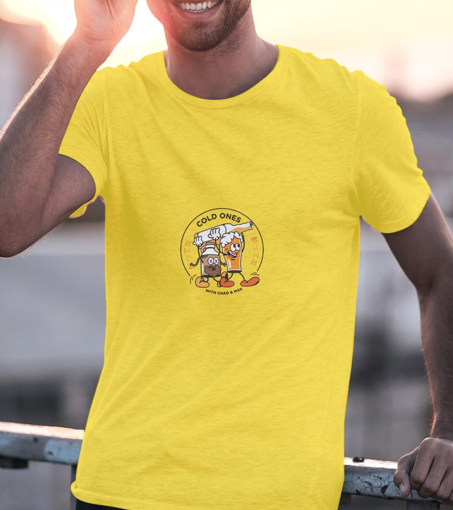 Cold Ones With Chad And Max Cartoon Beers Yellow Background T-Shirt