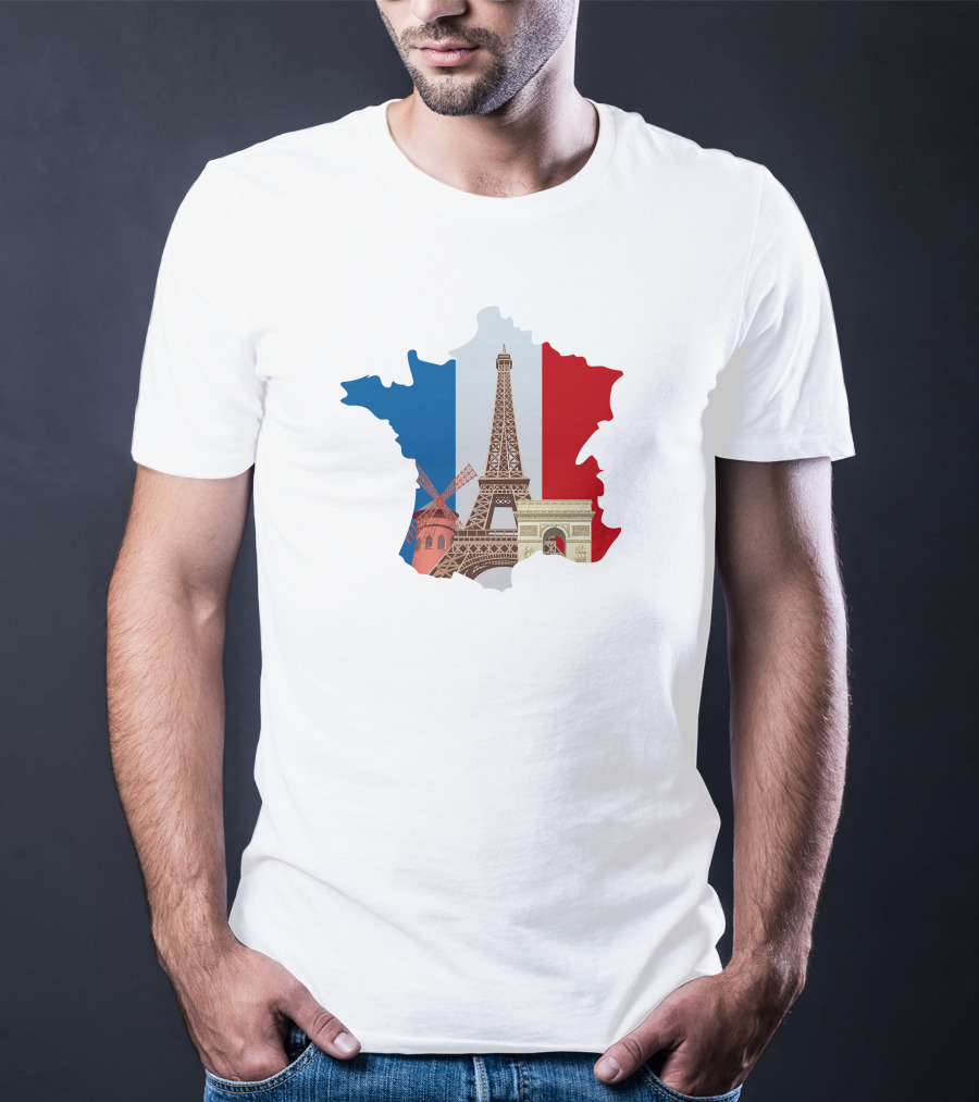 France Map With Eiffel Tower And Moulin Rouge On Tricolor Flag T-Shirt