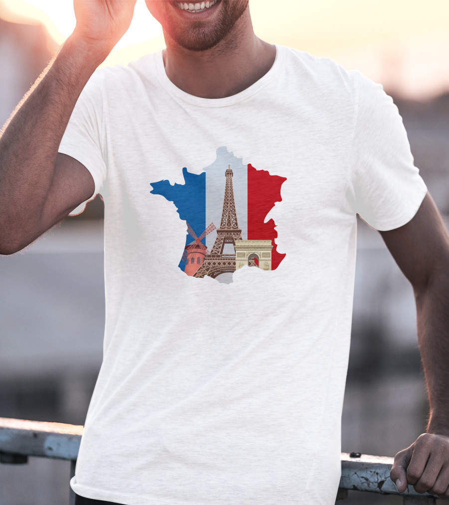 France Map With Eiffel Tower And Moulin Rouge On Tricolor Flag T-Shirt