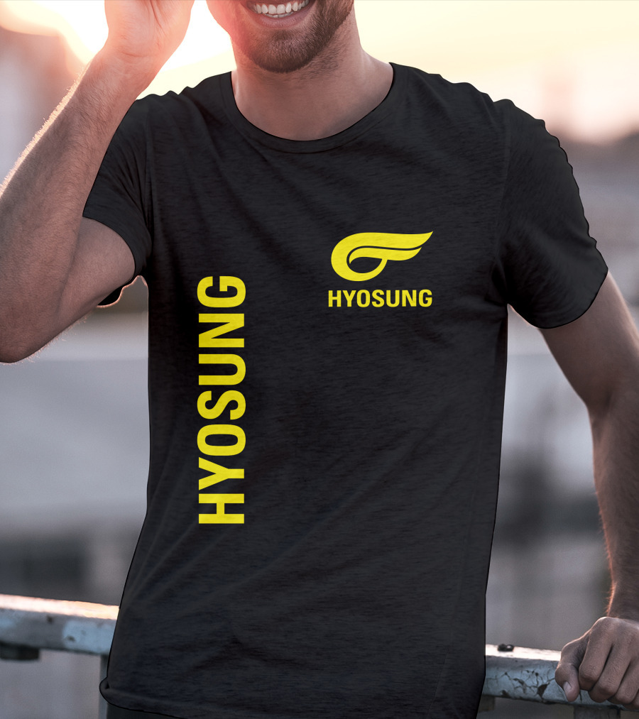 HYOSUNG Logo Stylized Yellow Text Brand T-Shirt