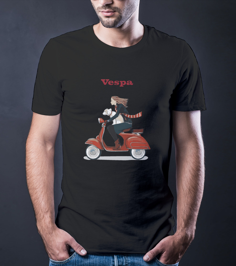 Vespa Red Scooter Woman Dog Pink Background T-Shirt