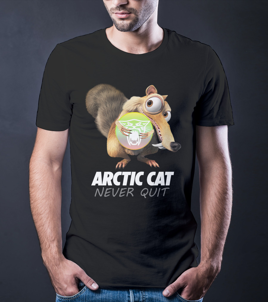 ARCTIC CAT NEVER QUIT Cartoon Character Holding T-Shirt