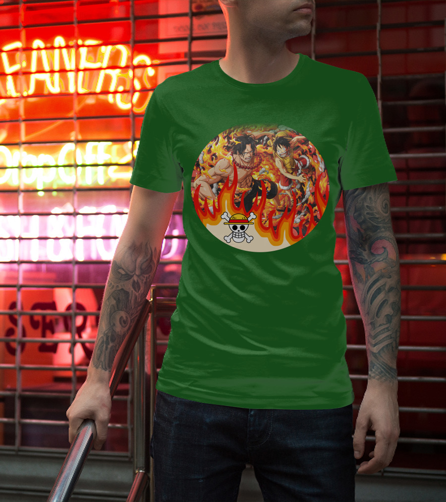 One Piece Luffy And Ace Fire Battle With Jolly Roger Hat T-Shirt