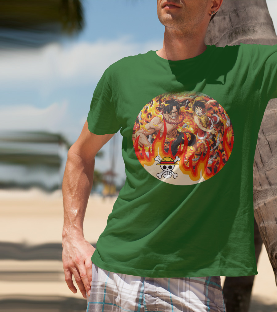One Piece Luffy And Ace Fire Battle With Jolly Roger Hat T-Shirt
