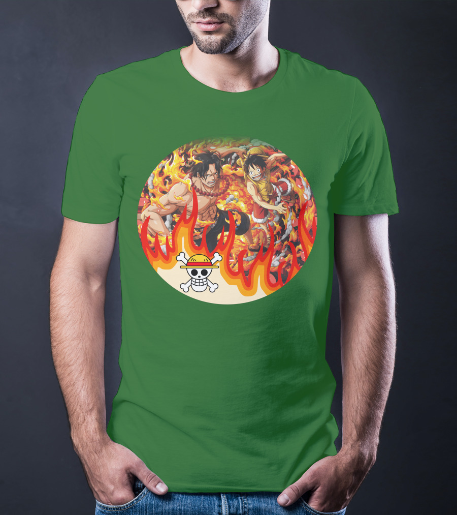 One Piece Luffy And Ace Fire Battle With Jolly Roger Hat T-Shirt