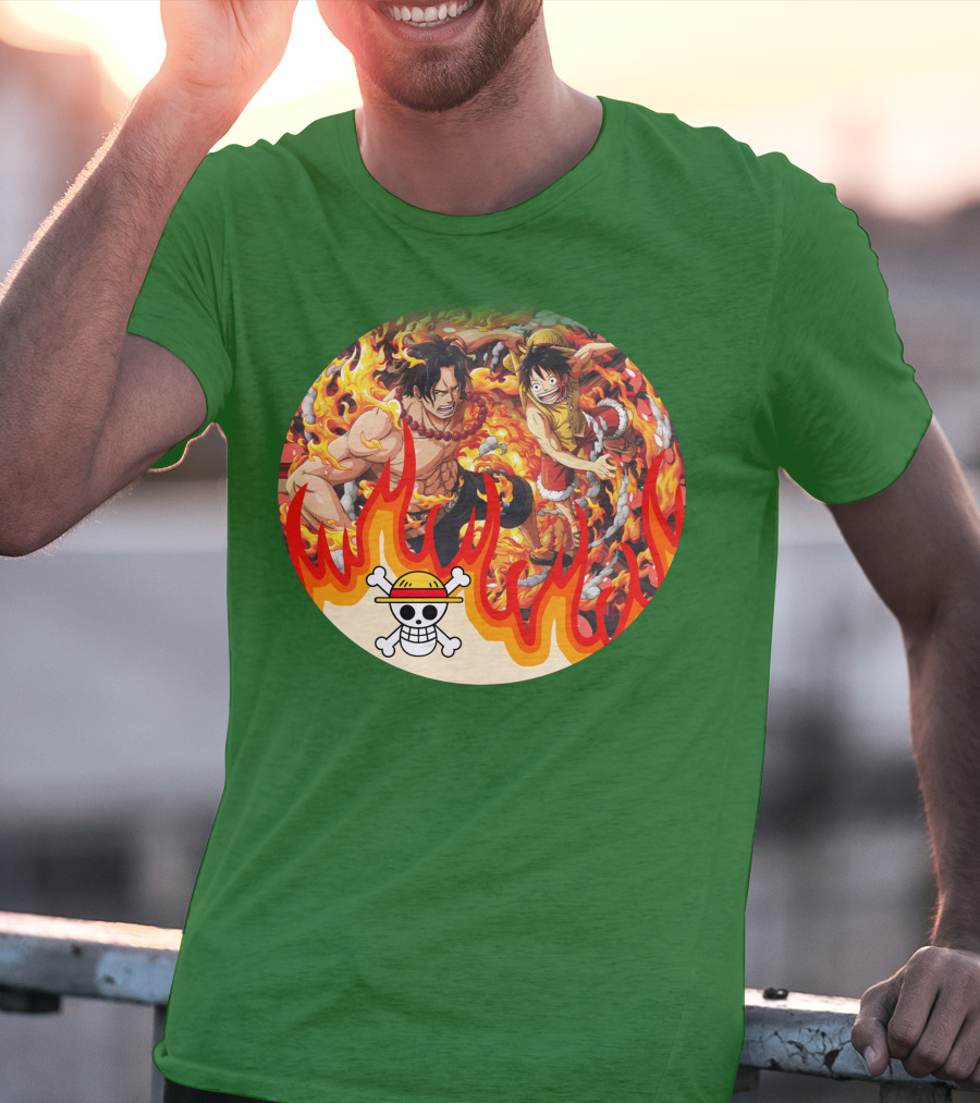 One Piece Luffy And Ace Fire Battle With Jolly Roger Hat T-Shirt