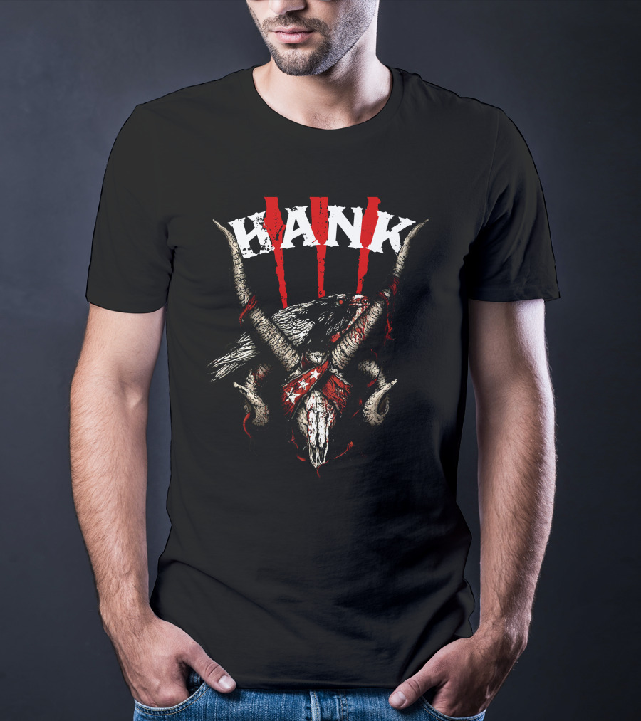 Hank III Bird Skull And Goat Horns Red Stripes T-Shirt
