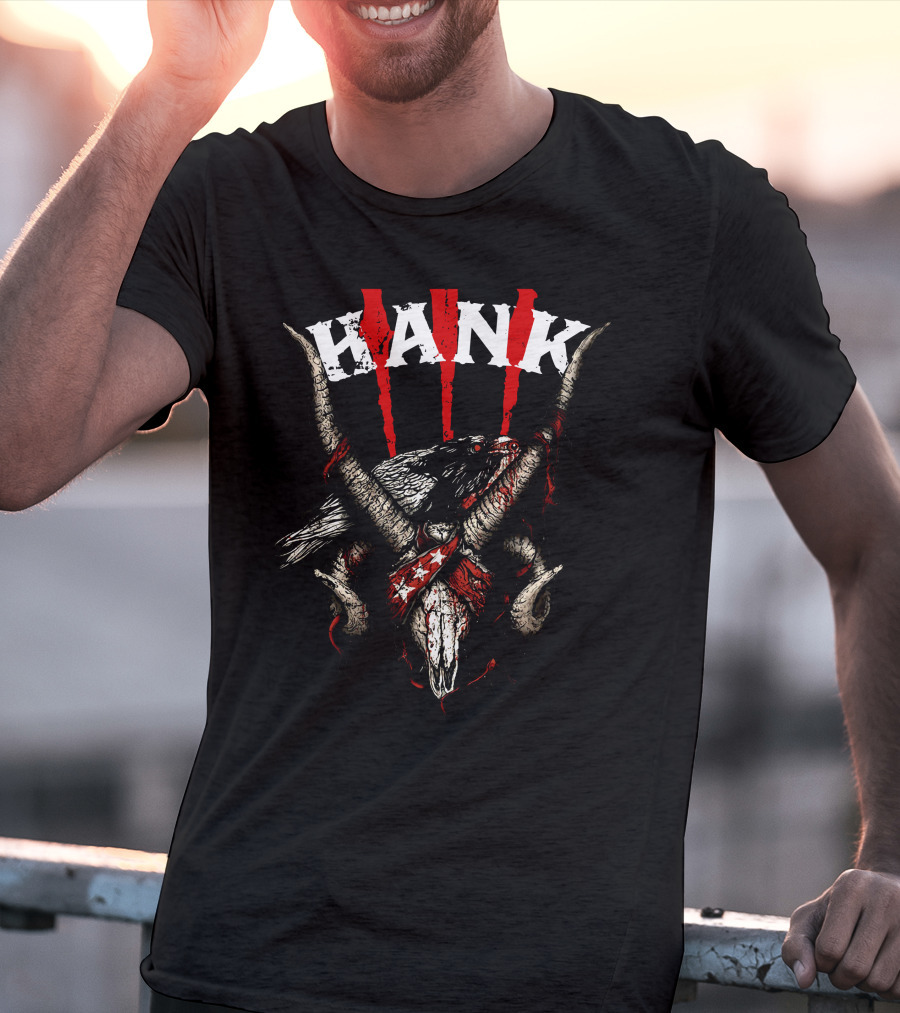 Hank III Bird Skull And Goat Horns Red Stripes T-Shirt