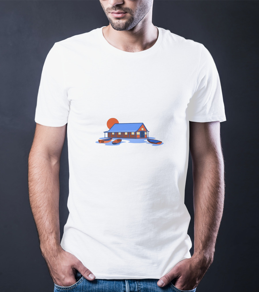 Boathouse Sunrise With Rowboats And Pier Shadow T-Shirt