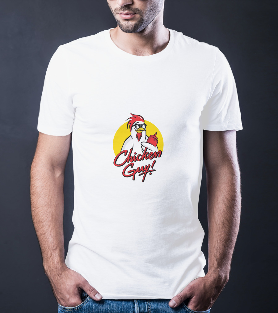 Chicken Guy Holding Sauce Bottle In Yellow Circle T-Shirt