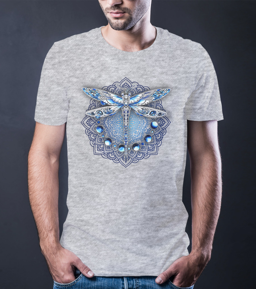 FLY GRADON Intricate Mandala Dragonfly Blue Gem Elements T-Shirt