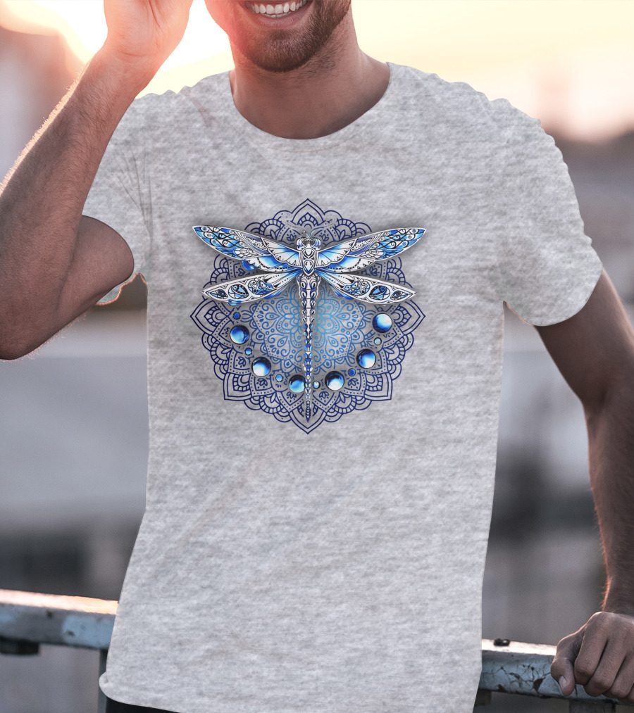 FLY GRADON Intricate Mandala Dragonfly Blue Gem Elements T-Shirt