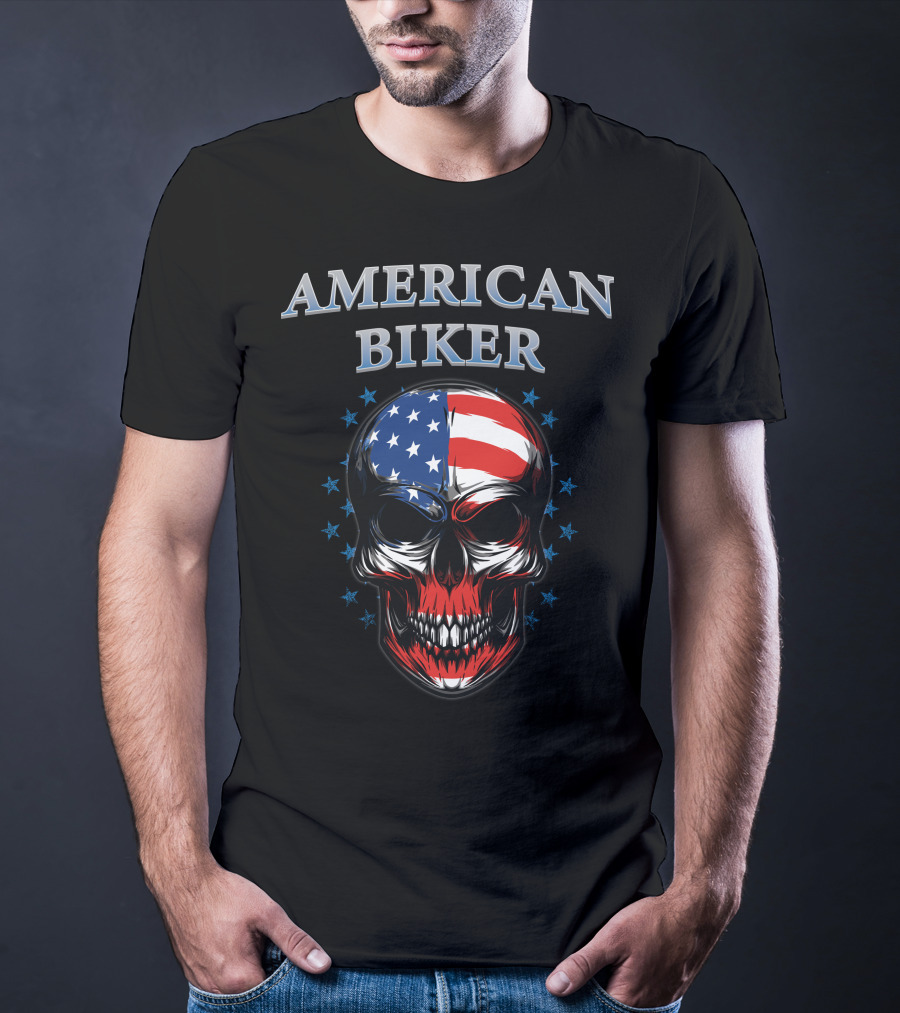 American Biker USA Flag Skull Bike Knight T-Shirt