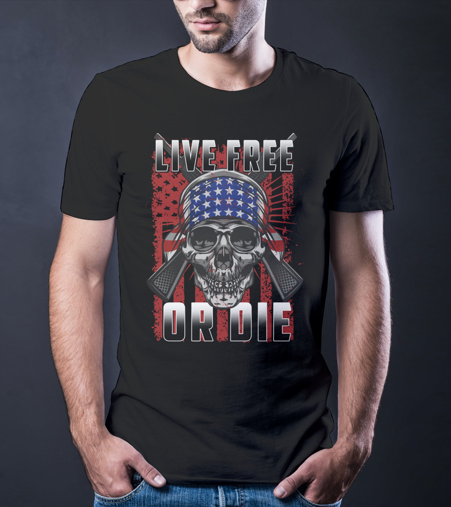 LIVE FREE OR DIE Skull American Flag Bandana T-Shirt