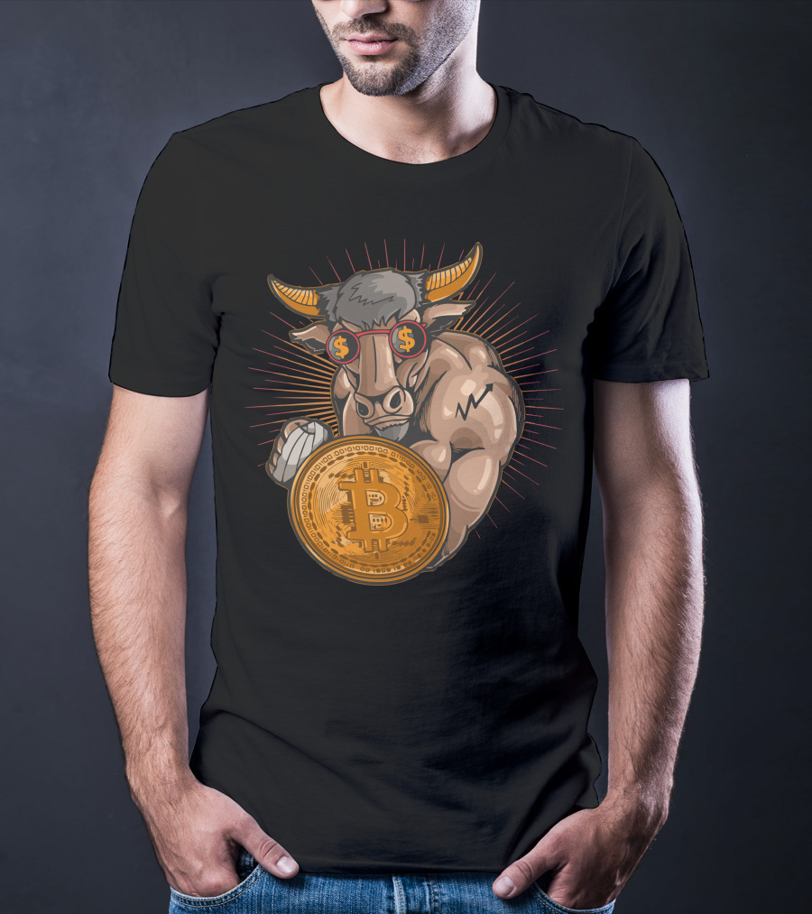 Bull With Bitcoin Shield And Dollar Sign Glasses T-Shirt