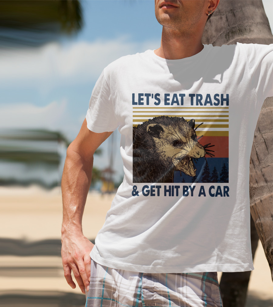 LET'S EAT TRASH And GET HIT BY A CAR Opossum Vintage Retro Stripe Forest T-Shirt