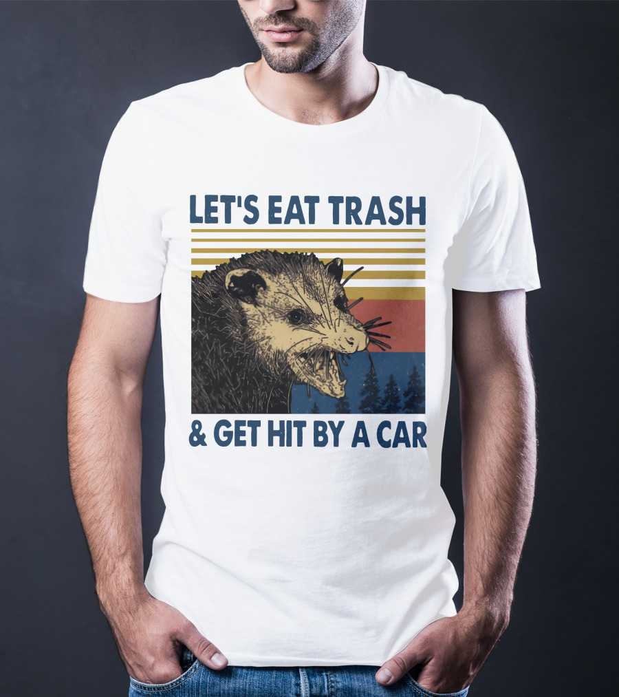 LET'S EAT TRASH And GET HIT BY A CAR Opossum Vintage Retro Stripe Forest T-Shirt