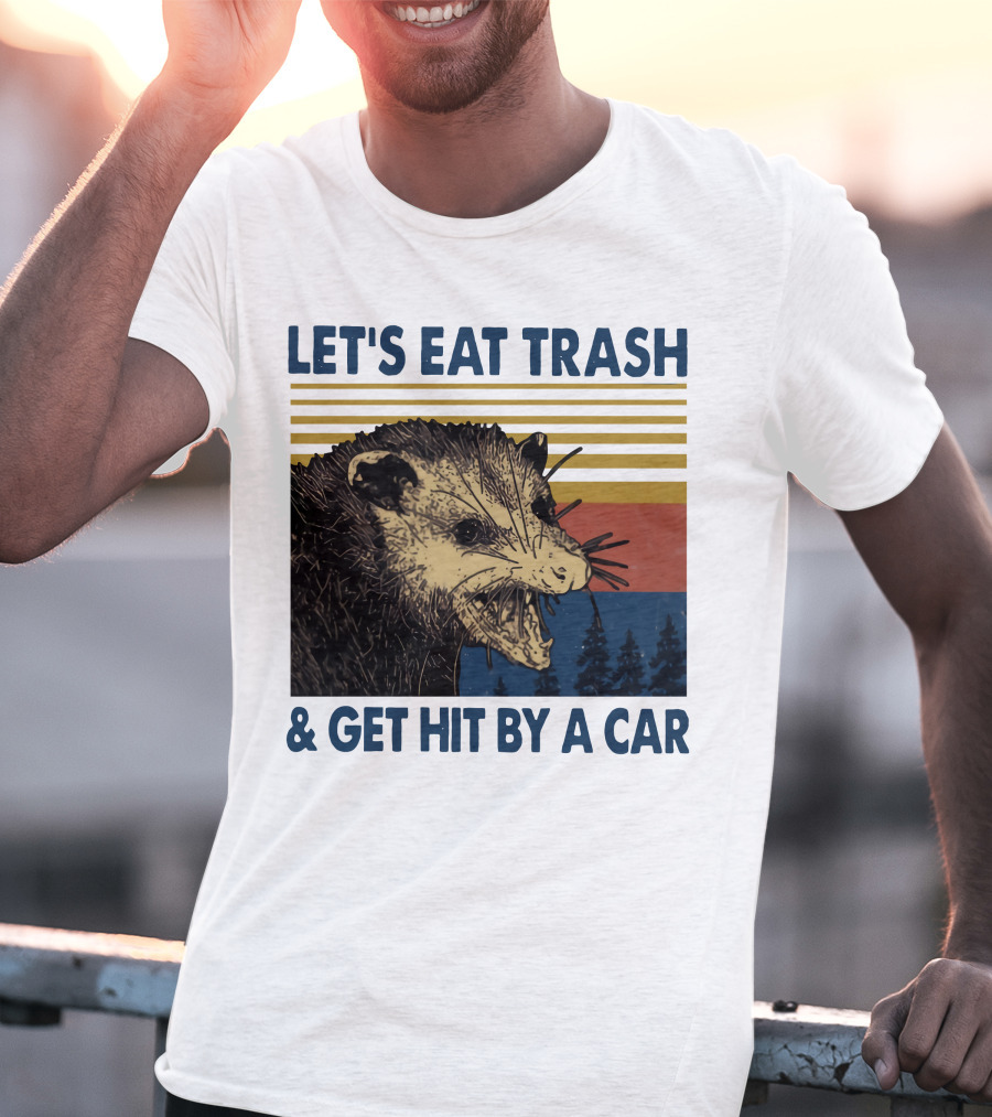 LET'S EAT TRASH And GET HIT BY A CAR Opossum Vintage Retro Stripe Forest T-Shirt