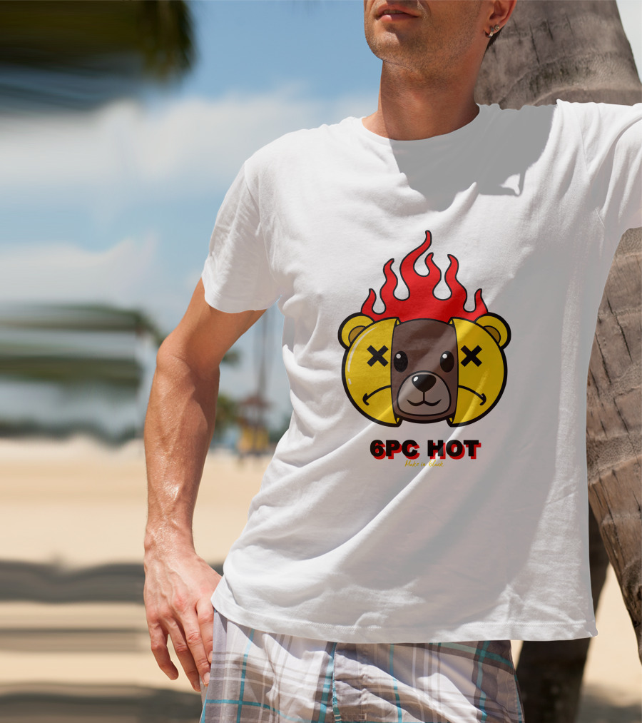 6pc Hot Make On Black Flame Bear T-Shirt