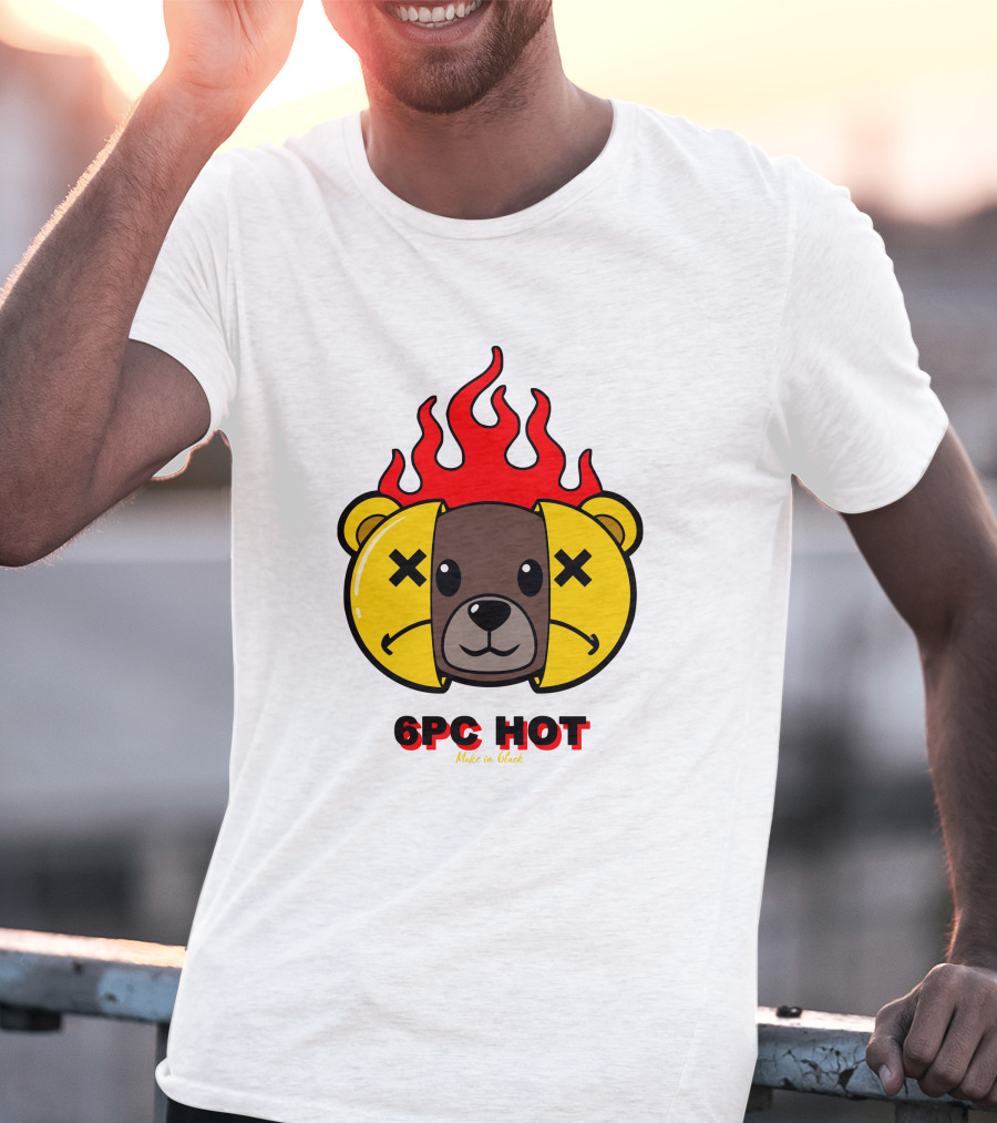 6pc Hot Make On Black Flame Bear T-Shirt