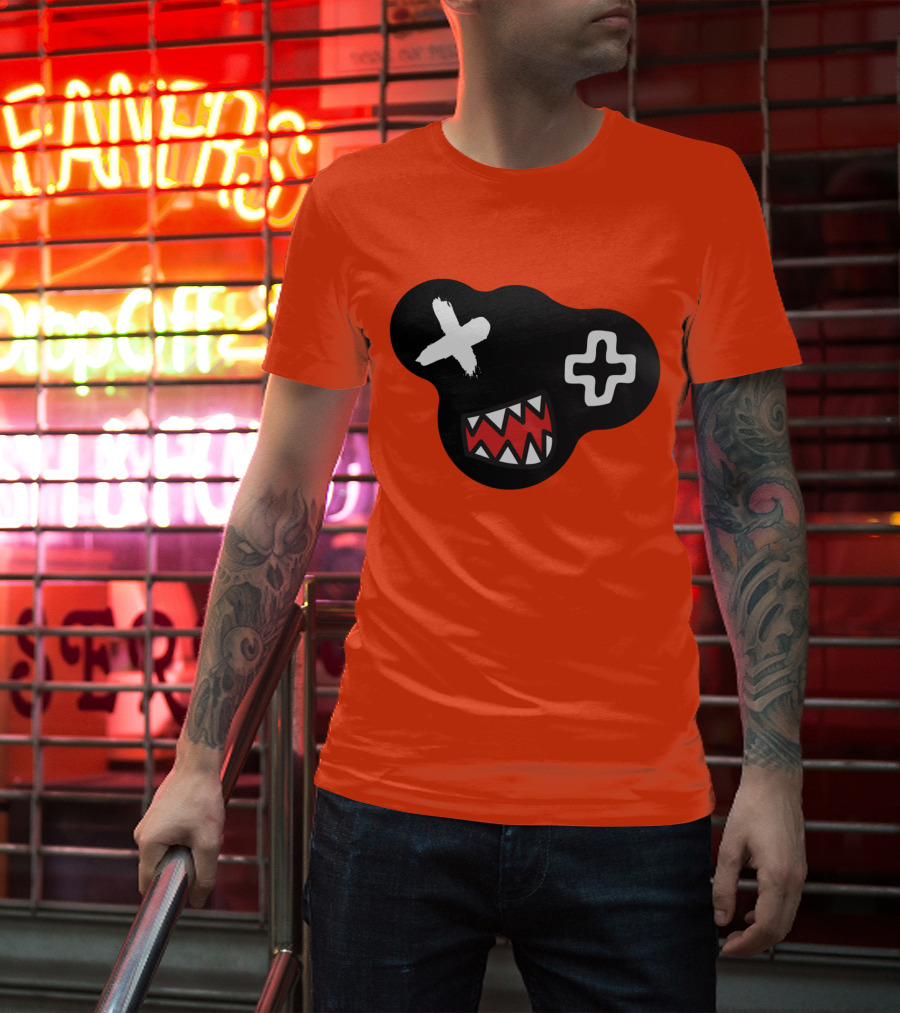 Monstrosity X Plus Mark Teeth Icon On Black Blob Shape T-Shirt