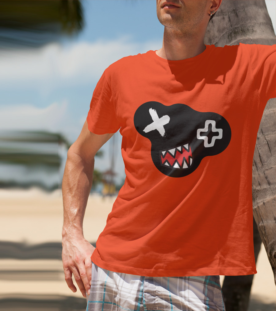 Monstrosity X Plus Mark Teeth Icon On Black Blob Shape T-Shirt