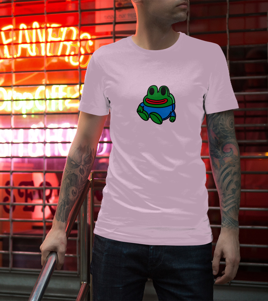 Mizkif Sat REALMizkif Pepe Frog Sitting Cartoon Pink Background T-Shirt