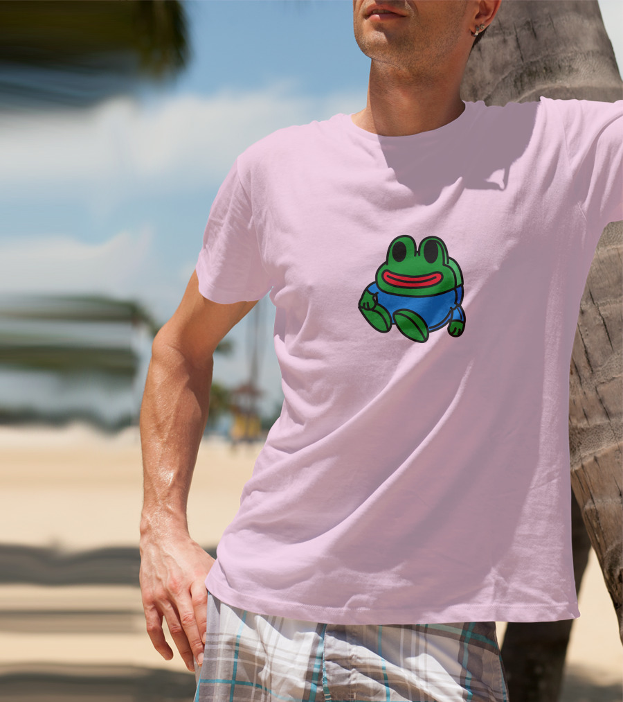 Mizkif Sat REALMizkif Pepe Frog Sitting Cartoon Pink Background T-Shirt