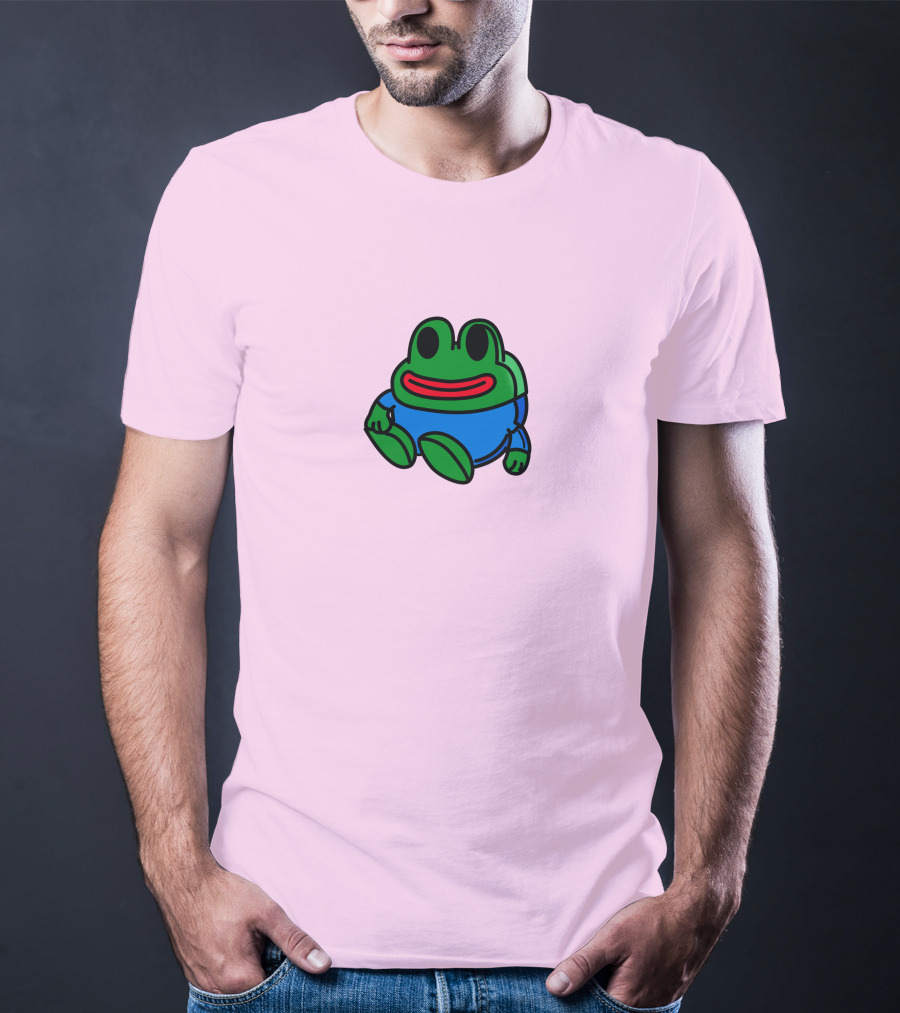 Mizkif Sat REALMizkif Pepe Frog Sitting Cartoon Pink Background T-Shirt